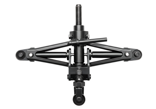 Symmetrical black scissor jack with threaded rod and caster wheel detail