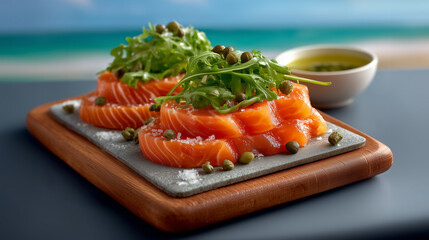 A dish of raw wild salmon with arugula and capers.