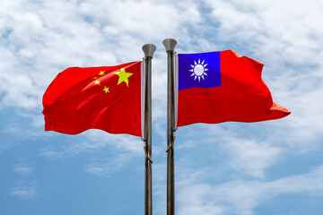 Flags of Taiwan and China on blue sky cloudy background. concept of interaction or counteraction between two countries. International relations. political negotiations. China vs. Taiwan