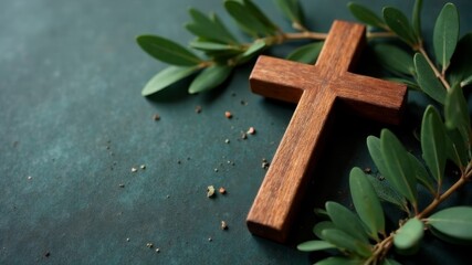 wooden cross on table with olives and leaves