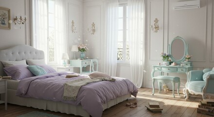 Elegant vintage bedroom with pastel decor and natural sunlight