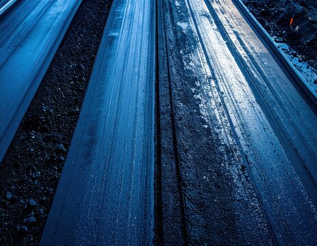 Close up view of freshly laid railway tracks with glimmering surface