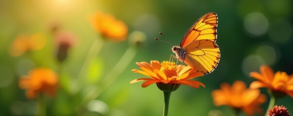 Delicate butterfly perched on vibrant wildflower, sunlight dappled  ,  flower,  bloom