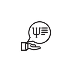 A line art icon of a hand offering a speech bubble containing the Greek letter Psi (&Psi;) and horizontal lines, commonly associated with psychology or mental health services.