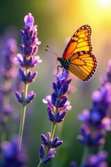 Obraz premium Lavender blooms surround a vibrant butterfly, summer sun , sun, macro