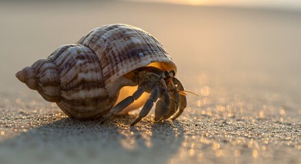 Hermit crab emerging from its shell on a sandy beach during golden hour lighting