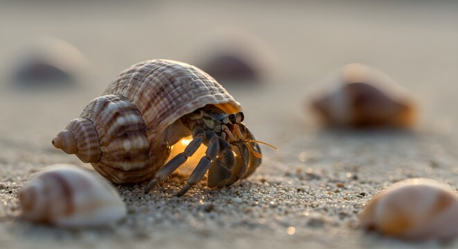 A hermit crab emerging from its shell on a sandy beach with other shells around it - Powered by Adobe