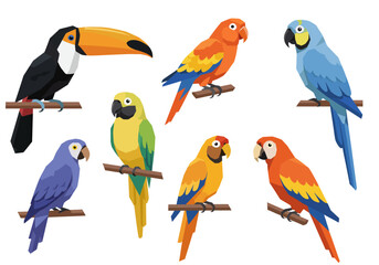 Colorful Tropical Birds Toucan and Macaws on Perches Geometric Style