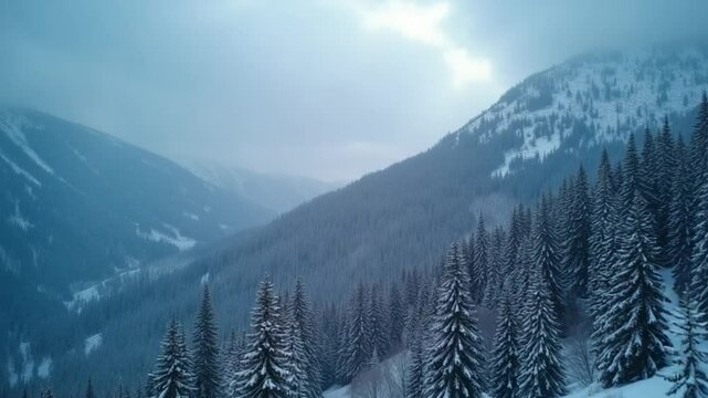 Aerial drone view of beautiful winter scenery in the mountains with pine trees covered with snow. Dark skies and snow falling. Cinematic shot. Winter traveling.