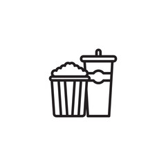 A minimalist line art icon of a bucket of popcorn and a covered drink with a straw. Represents movie snacks, cinema refreshments, or a classic concession stand combo.