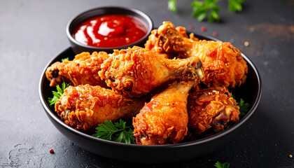 Fototapeta premium Spicy fried chicken drumsticks with tomato sauce against dark backdrop. Tasty food. Delicious meal.