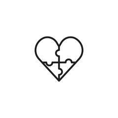 A minimalist line art icon of a heart shape formed by interlocking puzzle pieces. Represents love connection, finding the missing piece, or putting hearts together.
