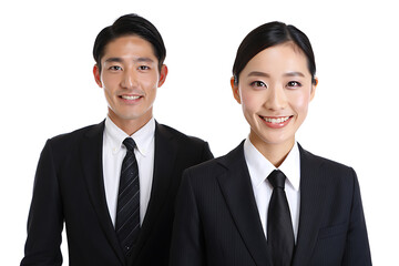 A smiling business team of confident business people, including a businesswoman and businessman in suits, exemplifies successful teamwork in the office
