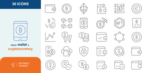 Digital Wallet & Cryptocurrency Icon Set – Thin Line Style, Cryptocurrency and NFT Icon Collection – Outline Stroke Style, Outline Stroke Style, wallet icon
