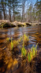 Stream in Forest with Grass Tufts Low Angle Nature Photography Serene Landscape Brown Water Trees Mossy Bank