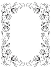 Hand-drawn floral vector border with delicate black flowers and swirling leaves on white background