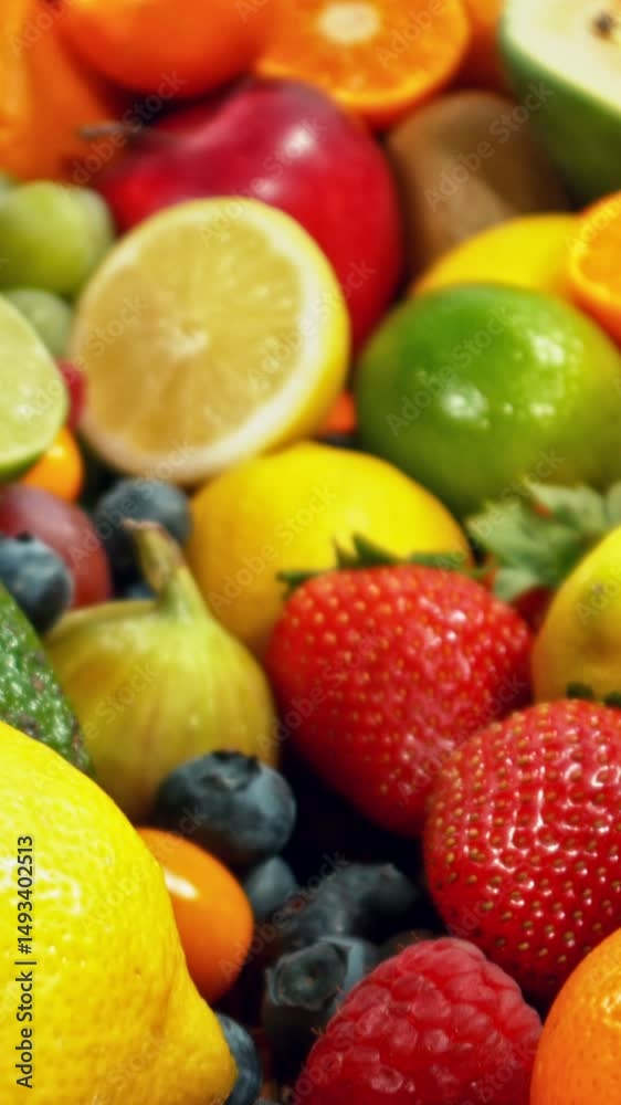 Poster various kind of fresh exotic fruits. camera placed on motion control system. filmed on high speed ci