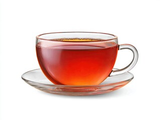 Clear glass teacup filled with dark tea on saucer against white background studio shot close up beverage