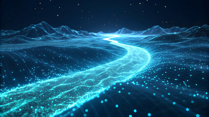Naklejka premium Ethereal Digital River Flowing Through a Stylized Mountain Landscape
