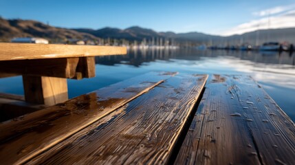 Wet wooden dock planks with a table, reflecting calm water and distant mountains under a clear sky