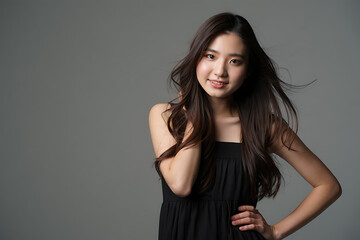 Naklejka premium A brunette model exudes elegance in a black dress, her radiant smile and glamorous makeup enhancing her beauty in a studio posing