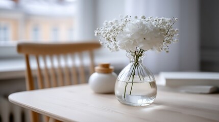 White flowers in a glass vase on a light wooden table, near a chair and a book