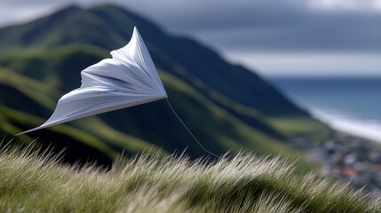 White kite soars above grass-covered hill with mountains & ocean backdrop