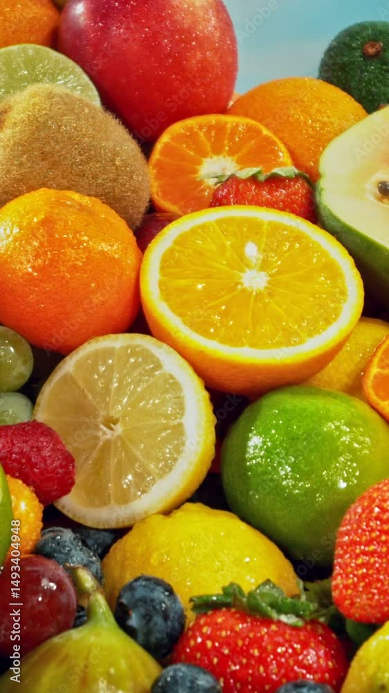 Poster various kind of fresh exotic fruits. camera placed on motion control system. filmed on high speed ci