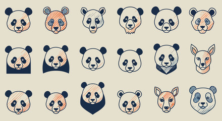 Diverse Panda and Animal Head Illustrations with Unique Artistic Styles