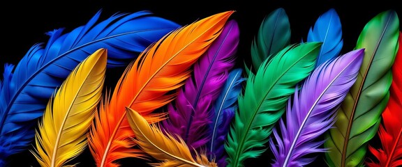 Obraz premium Vibrant, realistic bird feathers in diverse colors; isolated boho-style elements for design, realistic, decorative elements