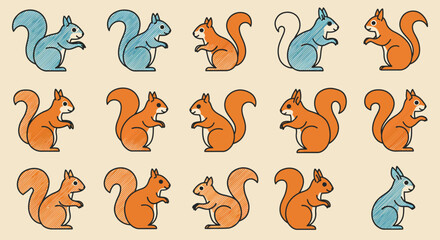 Stylized Squirrel Pattern Orange and Blue Hued Rodents with Hatching Texture