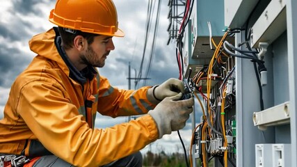 A hardworking electrician in a yellow jacket and hard hat works meticulously on a complex electrical panel, ensuring a reliable power supply