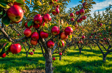 Apple Orchard with Ripe Red Apples Hanging on Tree Branches
