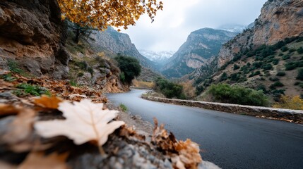 Winding road through a mountain pass, autumn leaves, misty peaks in the distance