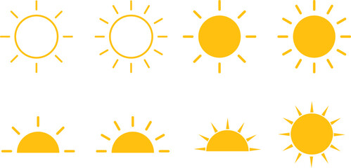 Sun icon set. Hot solar energy for tan. Sunset symbol. Sunshine simple icons collection
