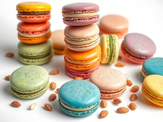 Fototapeta premium Ultra HD realistic colorful macarons stacked and scattered on a white background, almond-based sandwich cookies, studio lighting, high resolution, isolated for commercial use.