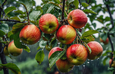 Fresh Apples Covered in Rainwater Hanging from Tree Branch