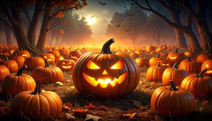Spooky Halloween scene featuring a glowing jack-o'-lantern surrounded by many pumpkins in a forest.