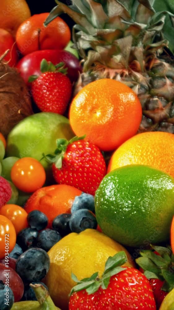 Aufkleber Various Kind of Fresh Exotic Fruits. Camera Placed on Motion Control System. Filmed on High Speed Cinema Camera. Camera in Motion. Vertical Aspect Ratio.