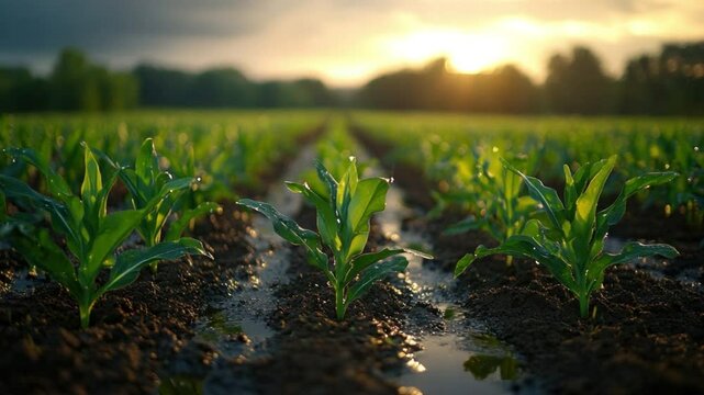 Cultivated Crops: Rows of young plants thrive in a sun-drenched field. The agricultural scene shows nature's bounty and the promise of a rich harvest