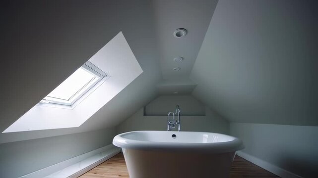 Minimalist attic bathroom with freestanding bathtub and skylight window
