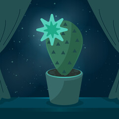 
Stylized vector image of a flowering cactus. Flat graphics, indoor flower on the window, moonlight, beautiful picture.
