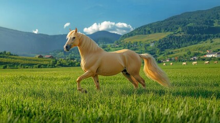 Beautiful palomino horse running in lush green meadow with mountains and blue sky in background