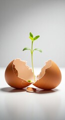 A small green seedling emerging from a broken brown eggshell, symbolizing new life and sustainable growth.
