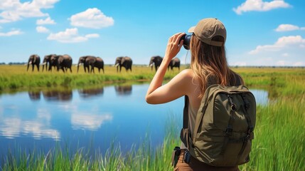 Woman with backpack observing elephants at a serene water body under a blue sky with fluffy clouds