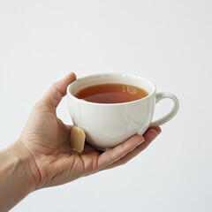 A white ceramic cup of hot tea with a teabag, held in one hand, with visible steam rising.