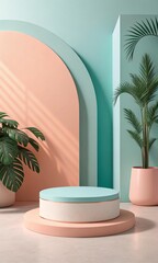 Pastel Colored Product Display Stand with Tropical Plants