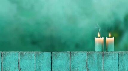 Tranquil Scene with Two Lit Candles on a Weathered Wooden Surface in a Soft Teal Background