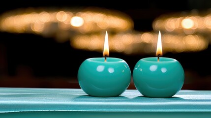 Elegant teal candles with flame on a soft fabric surface creating a serene and calming atmosphere