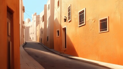 Tranquil Sunlit Street in a Charming Neighborhood with Warm Orange Walls and Clear Blue Sky